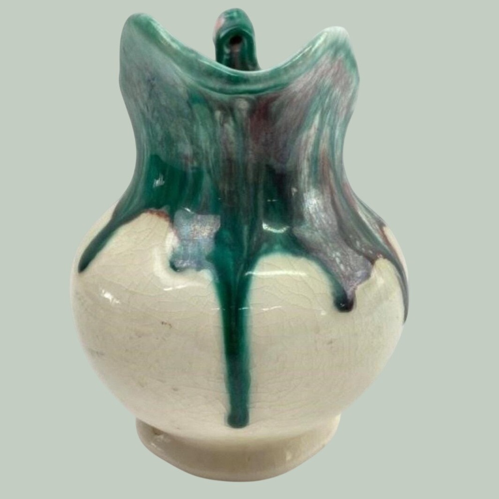 Vintage Drip Glaze Earthenware Pitcher Cream Green Burgundy Rustic Farmhouse - Picture 3 of 7